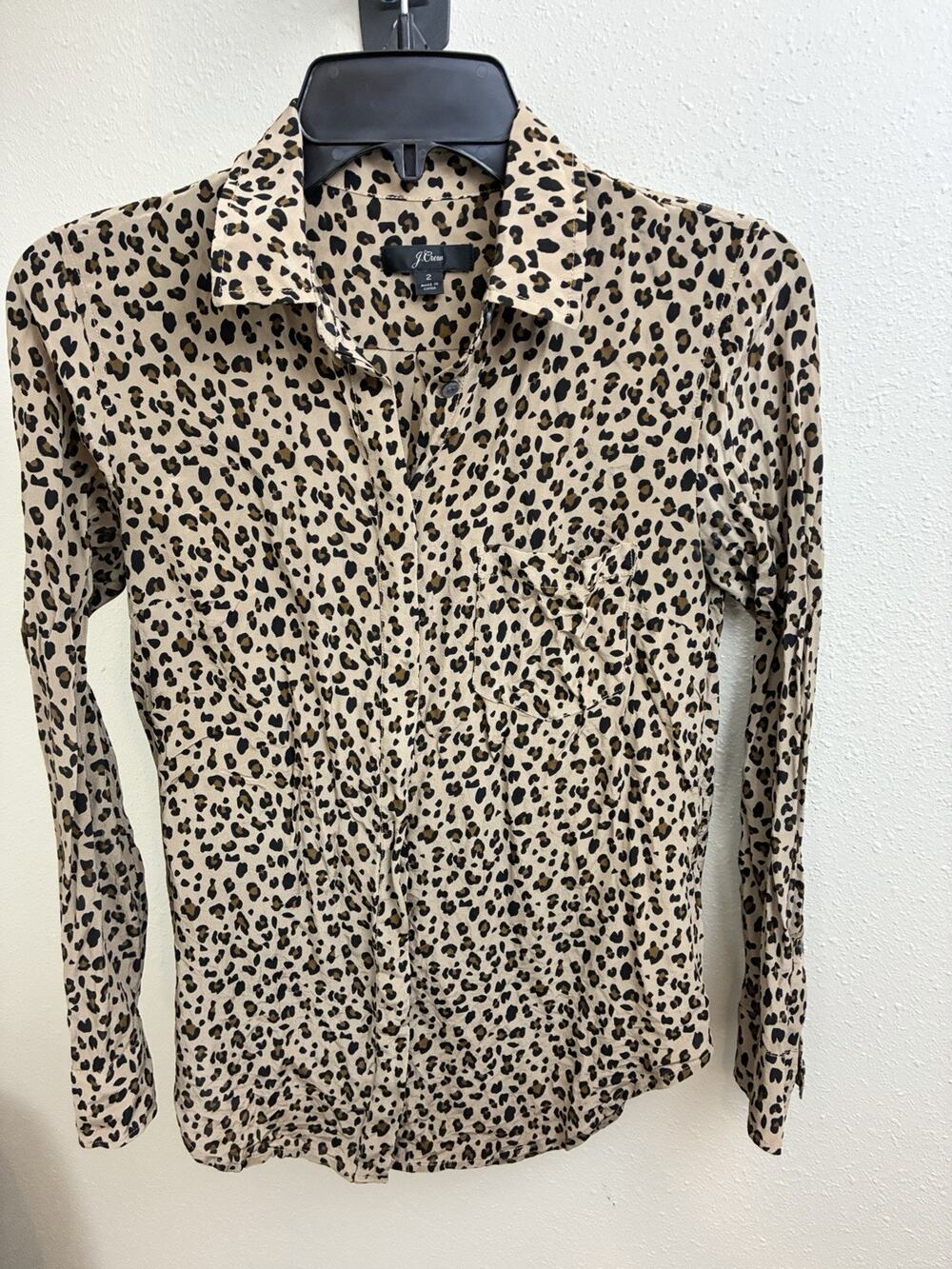 J Crew Leopard Print Button Down Shirt Women Size 2 Long Sleeve Blouse 100% Silk